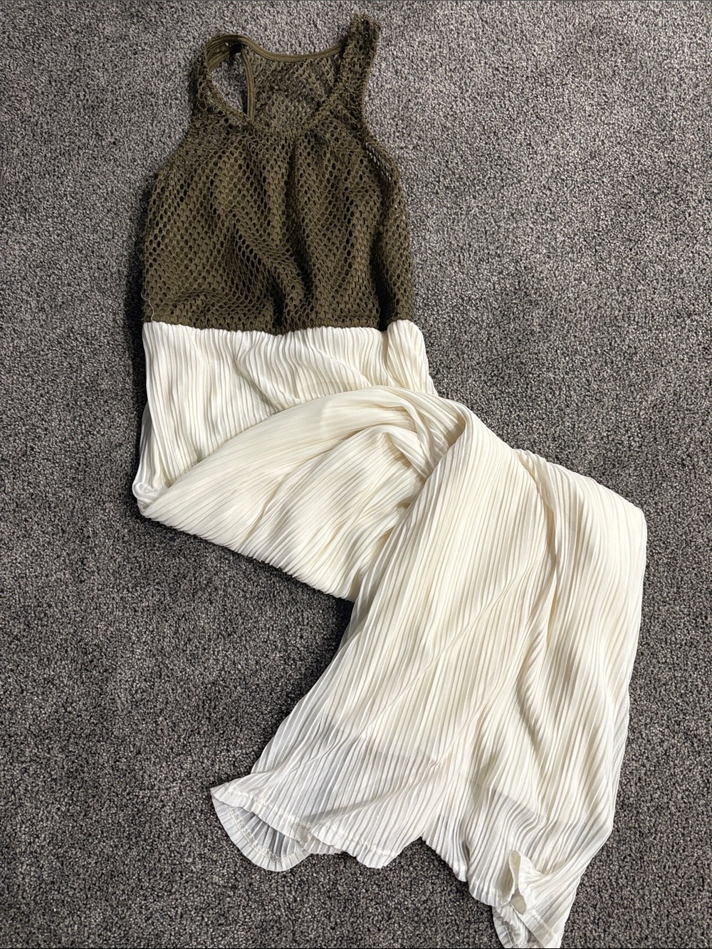 Olive Green Mesh Top with Cream Pleated Maxi Dress